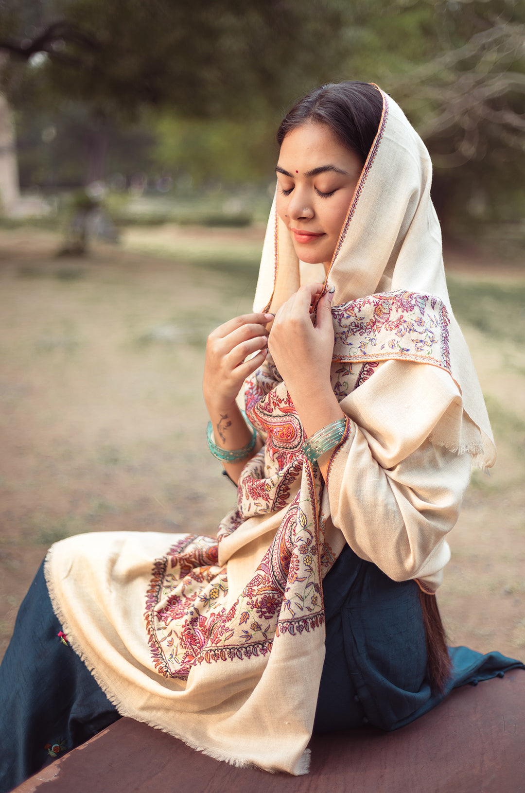 Off White Stole with multicolor work on palla