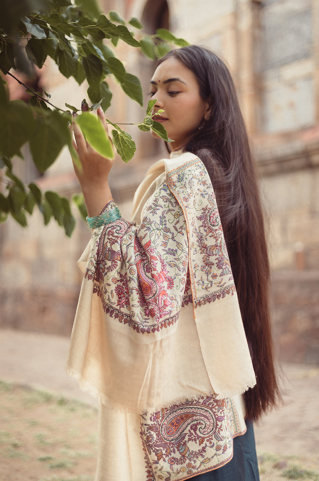Off White Stole with multicolor work on palla