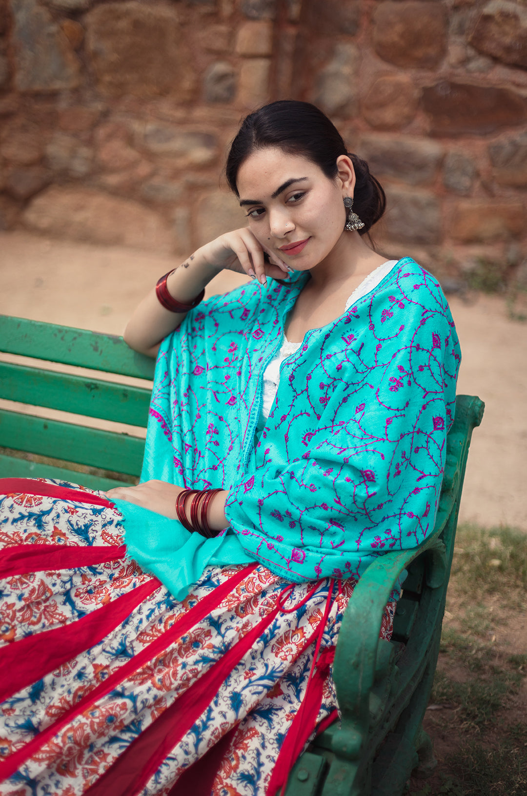 Firozi jaal pink work stole