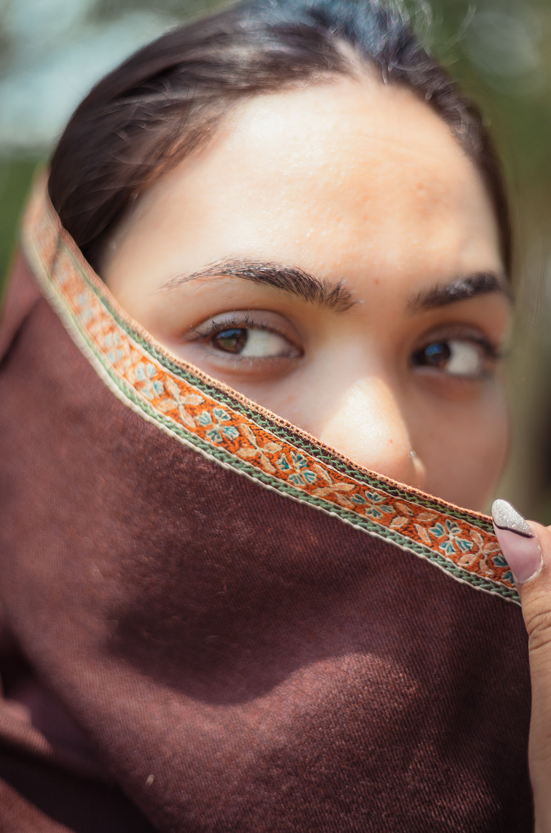 Brown pure pashmina stole with minimal orange border