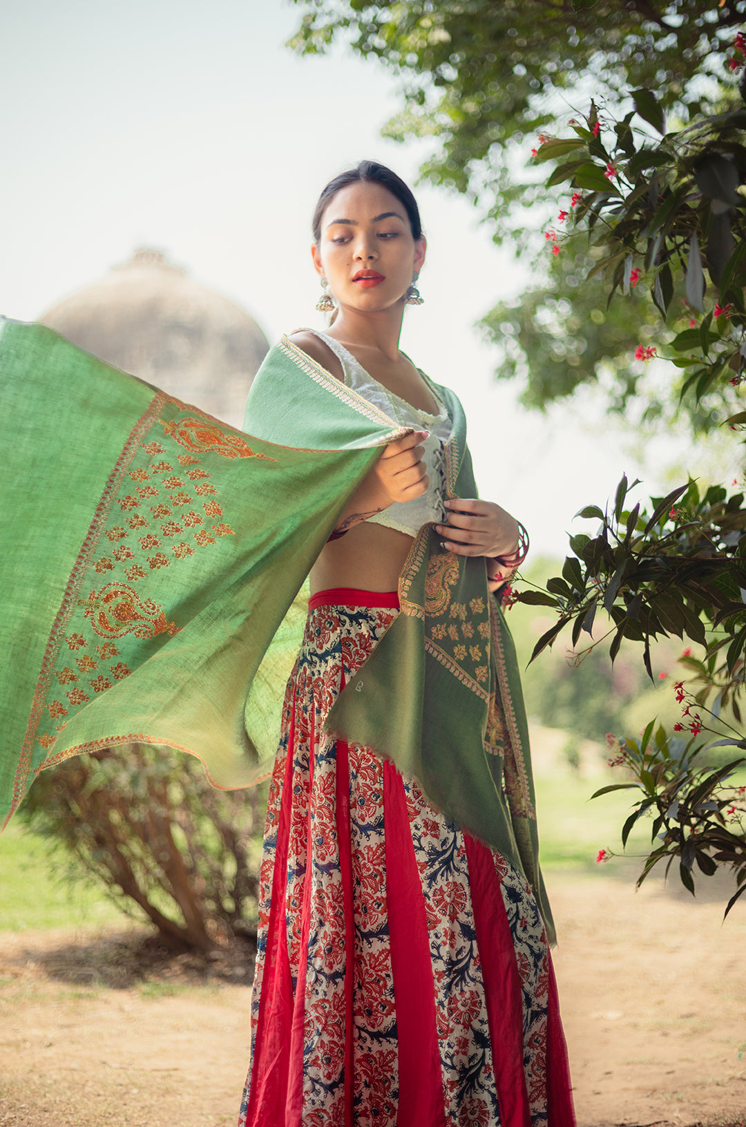 Sage green shawl with golden work