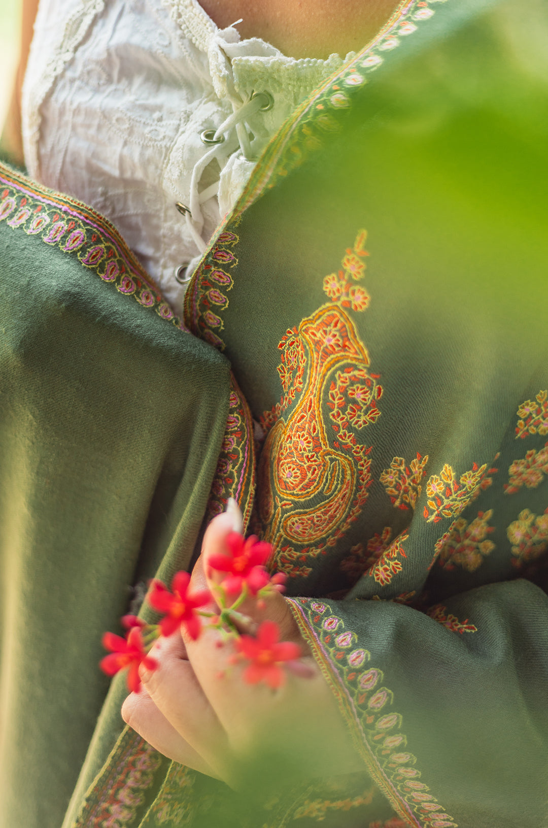 Sage green shawl with golden work