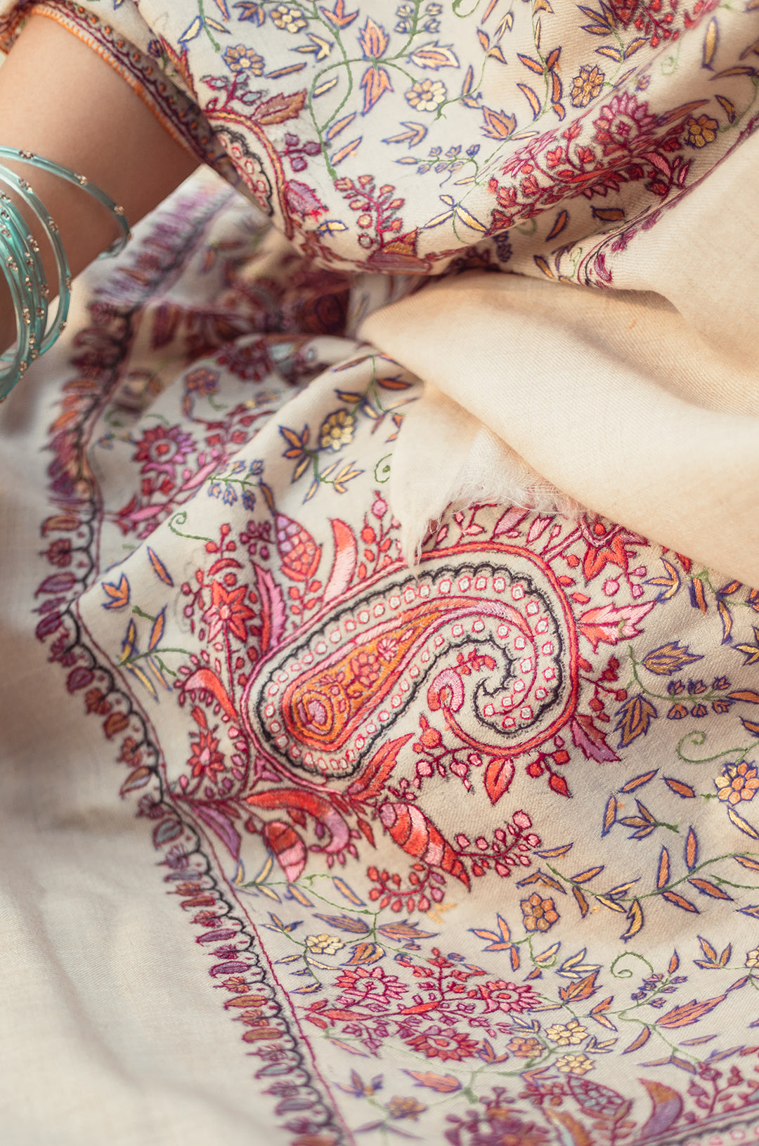Off White Stole with multicolor work on palla