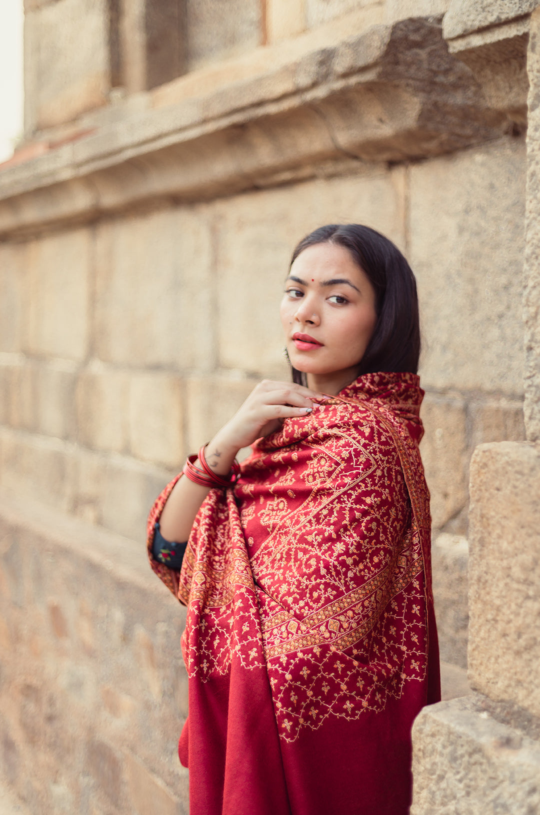 Maroon full work shawl