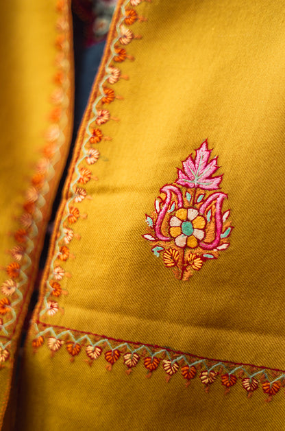 Mustard buti work pure pashmina stole