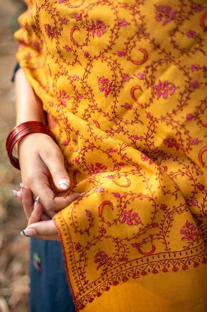 Mustard buti work pure pashmina stole
