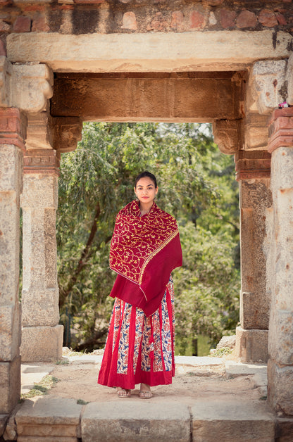 Maroon stole with full jaal work