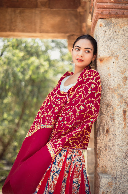 Maroon stole with full jaal work