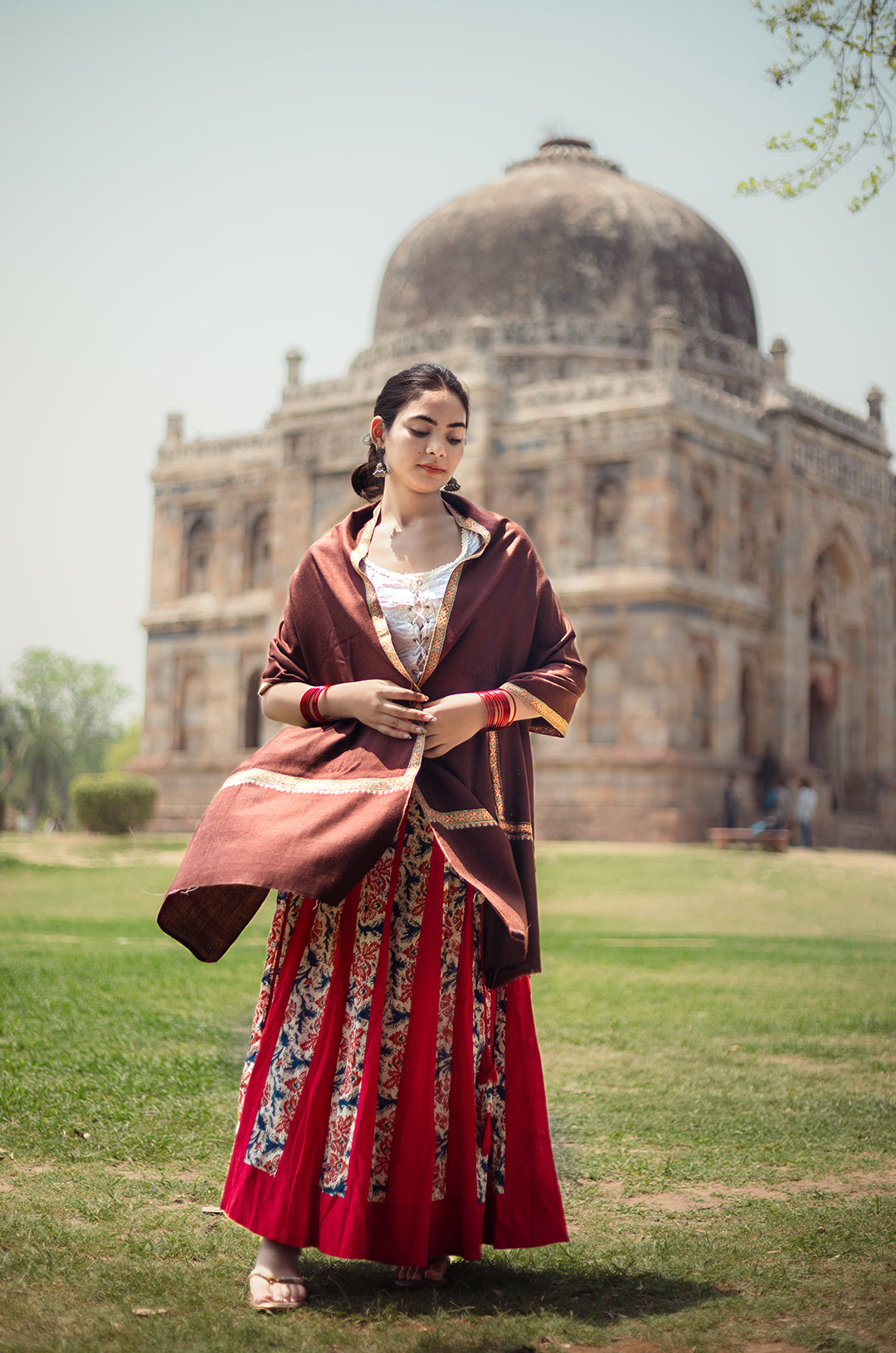 Brown pure pashmina stole with minimal orange border