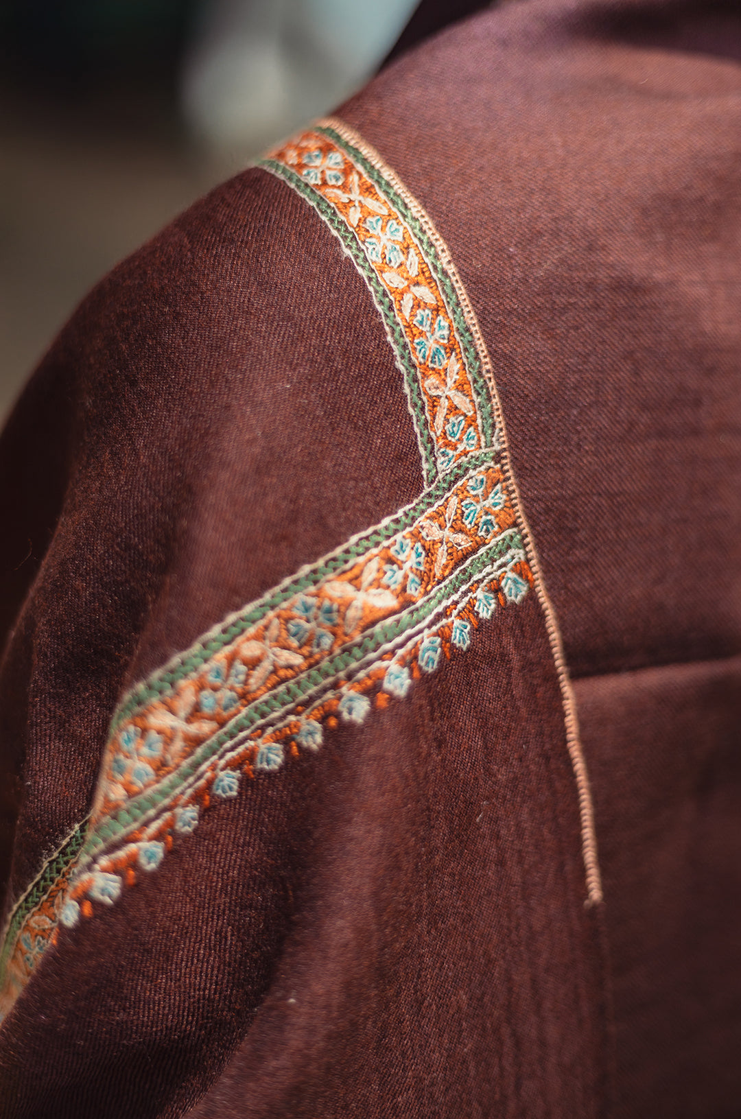 Brown pure pashmina stole with minimal orange border