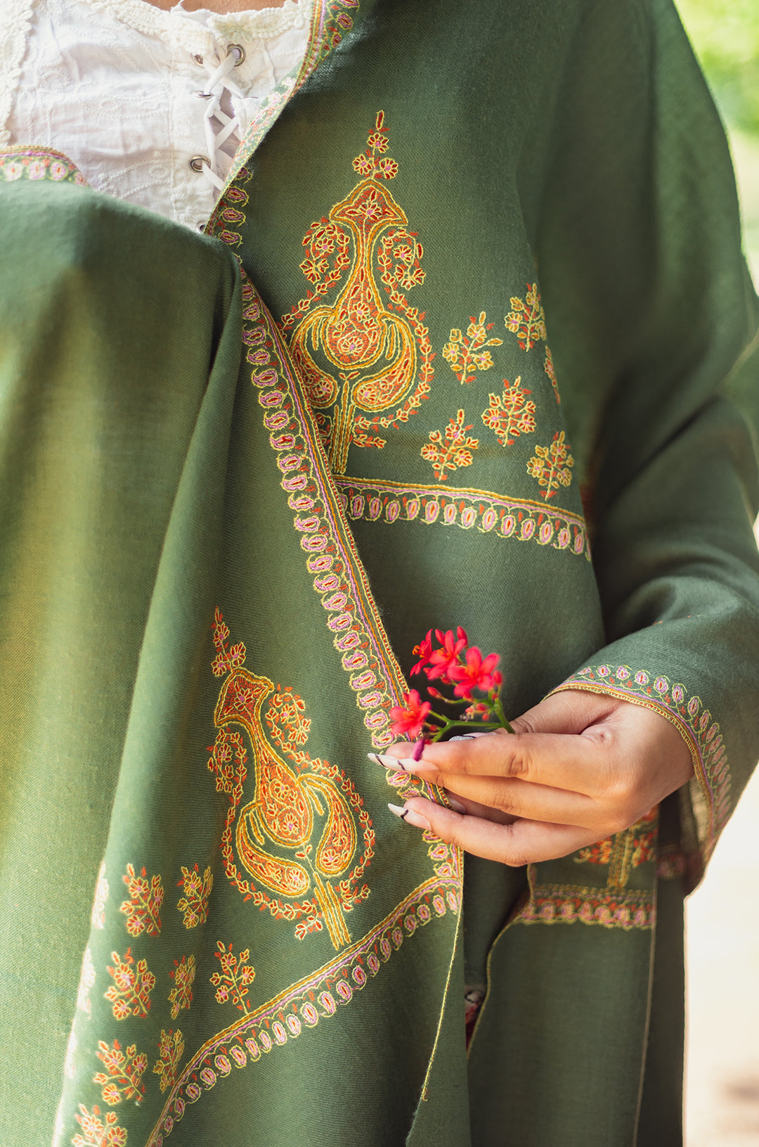 Sage green shawl with golden work
