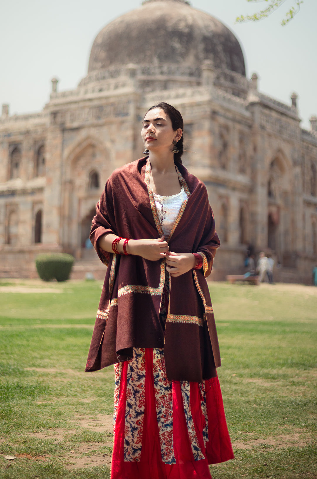 Brown pure pashmina stole with minimal orange border