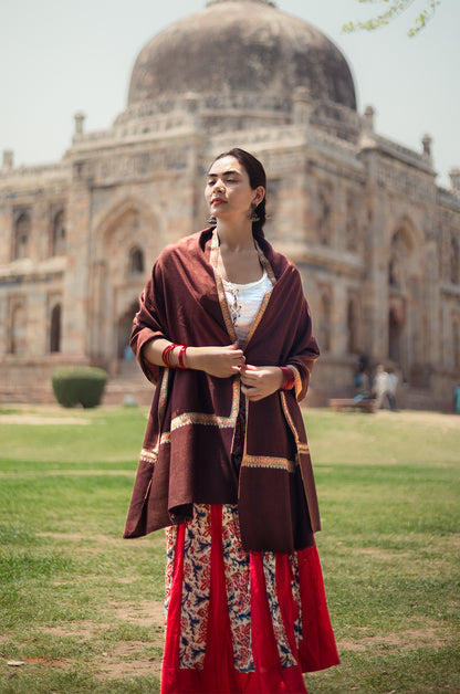 Brown pure pashmina stole with minimal orange border