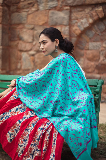 Firozi jaal pink work stole