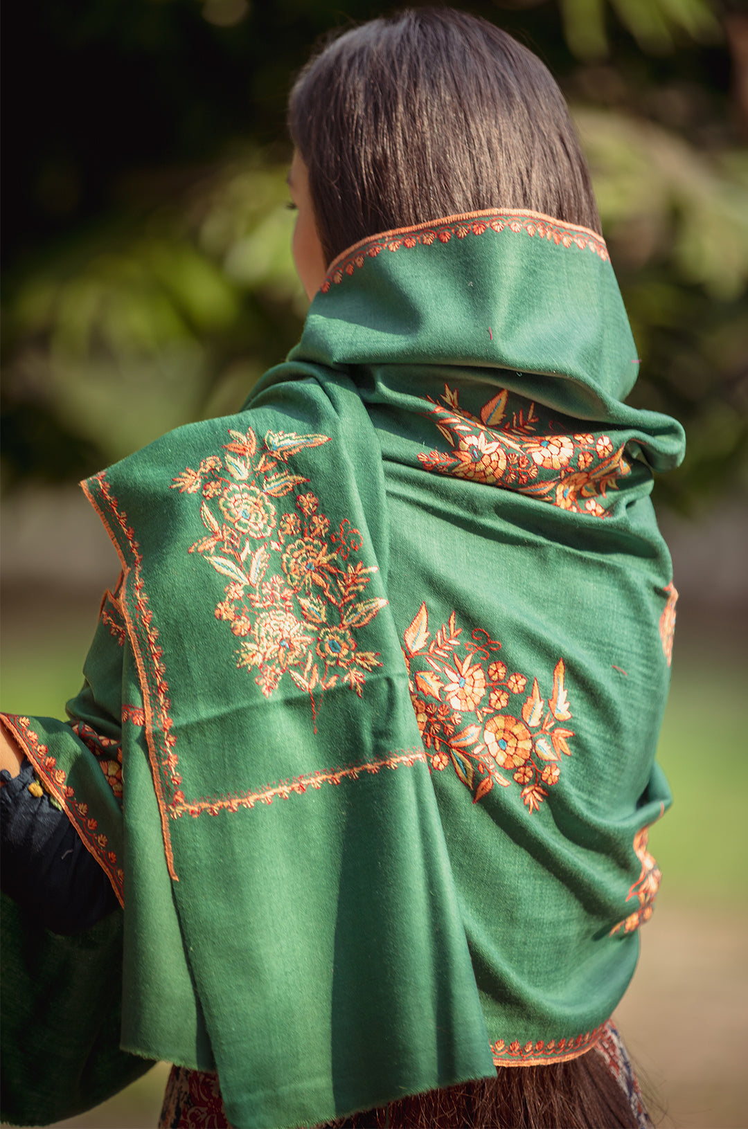 Forest green floral motif pure pashmina stole