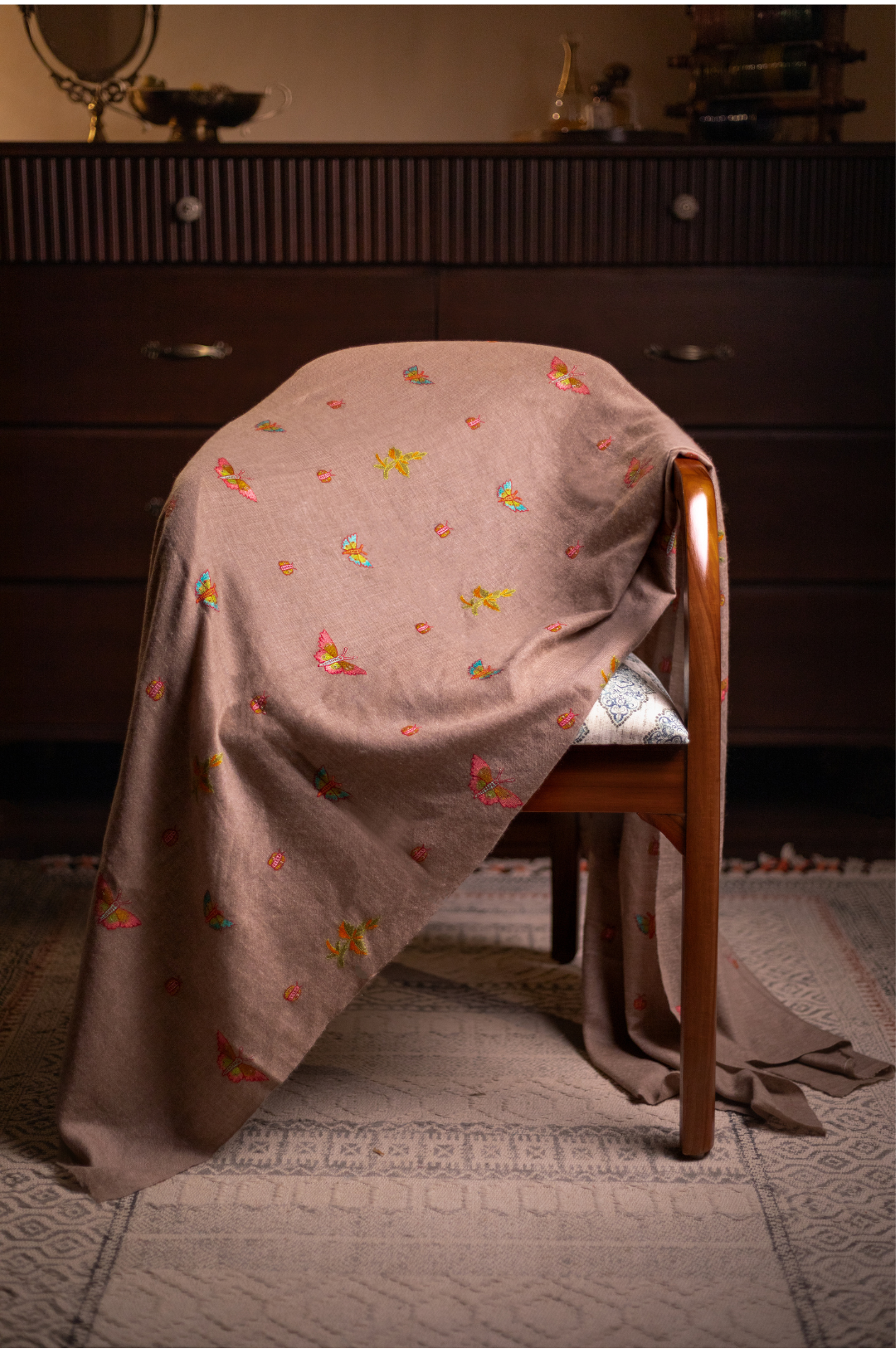 Beige butterfly motifs pure pashmina shawl