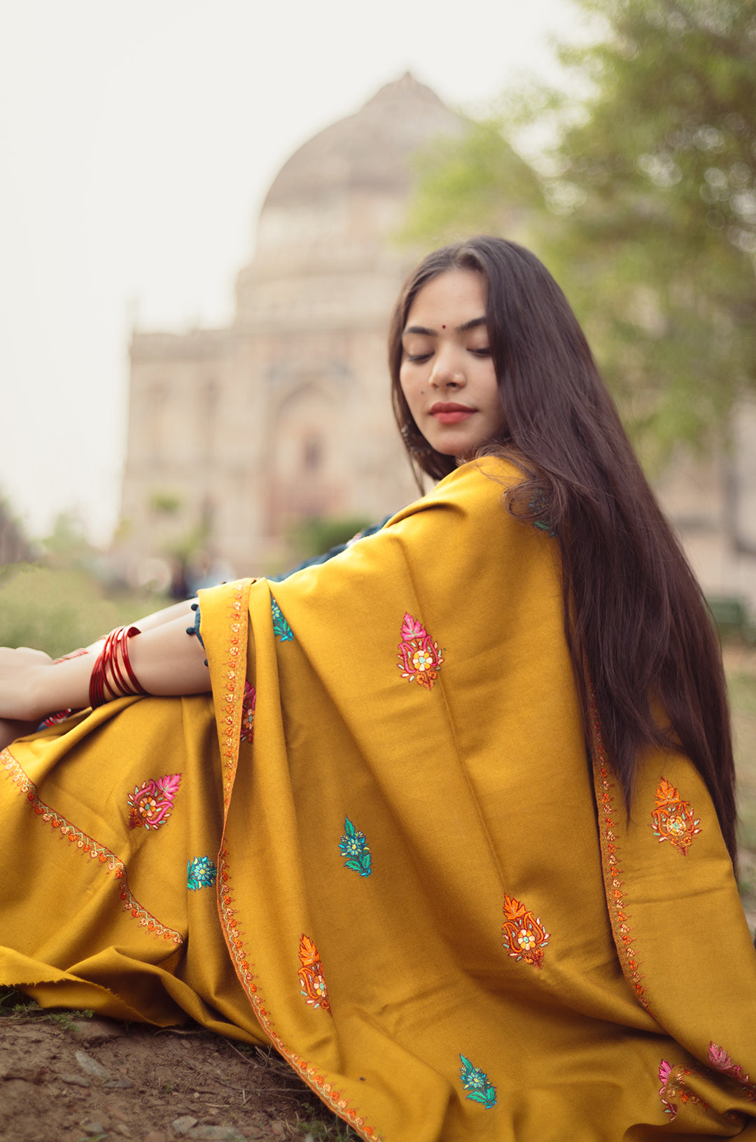 Mustard buti work pure pashmina stole