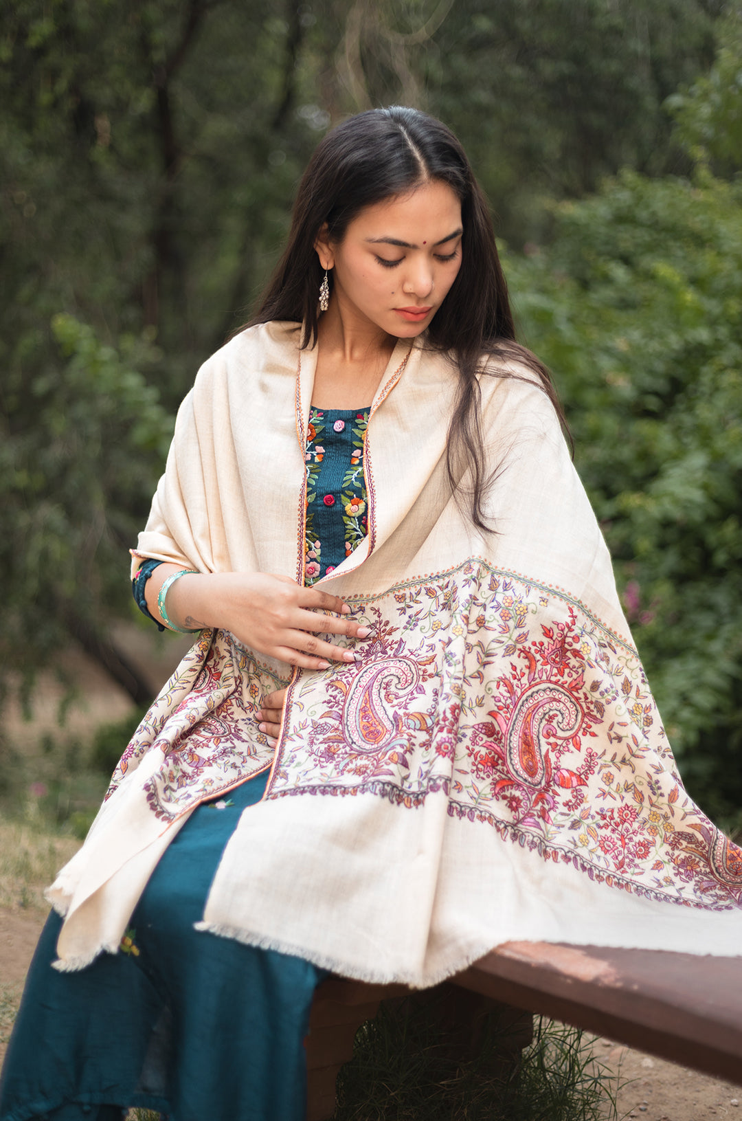 Off White Stole with multicolor work on palla