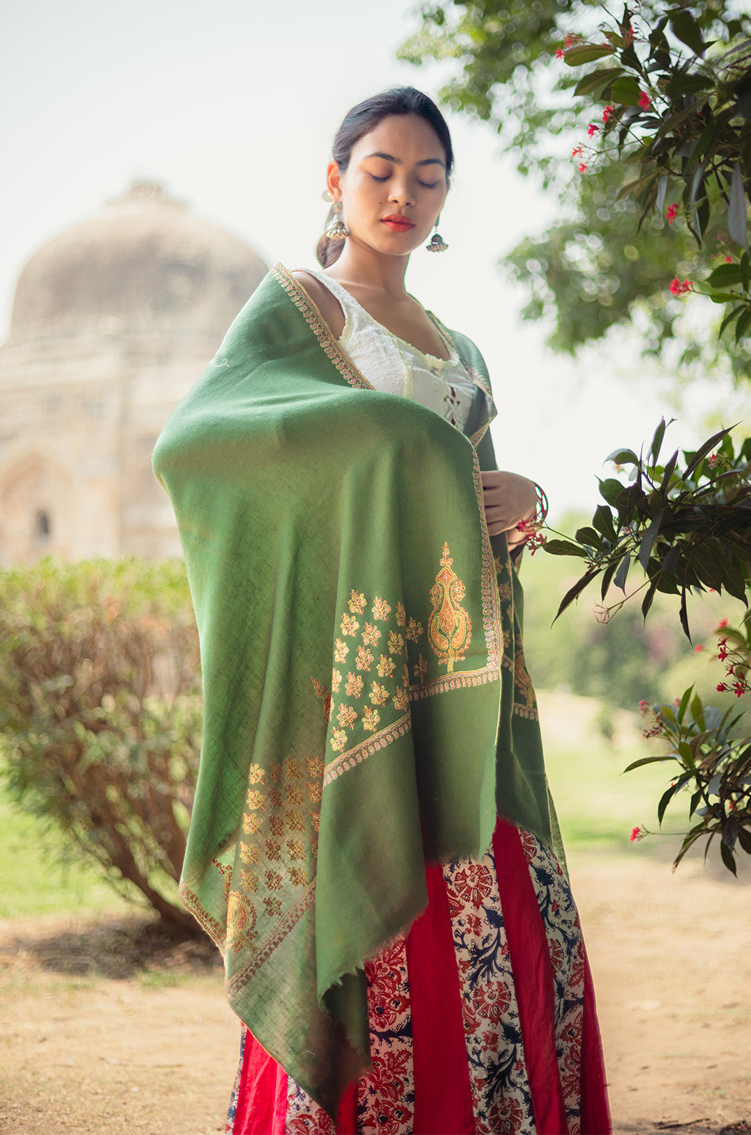 Sage green shawl with golden work