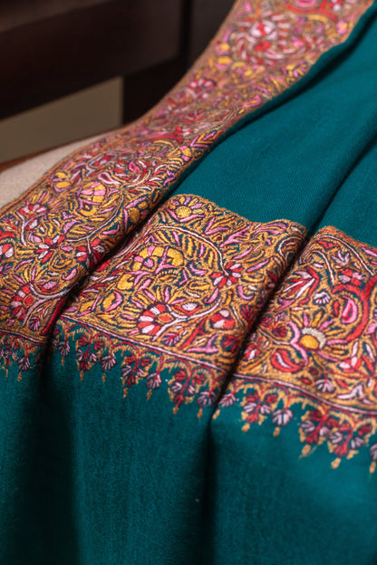 Teal Pashmina shawl with Sozni Embroidery Border
